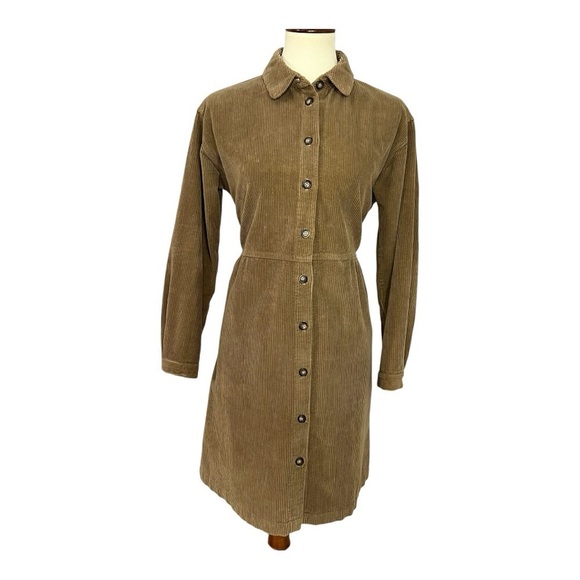 Vintage tan corduroy button front long sleeve dress twee retro USA made academia - Picture 1 of 16